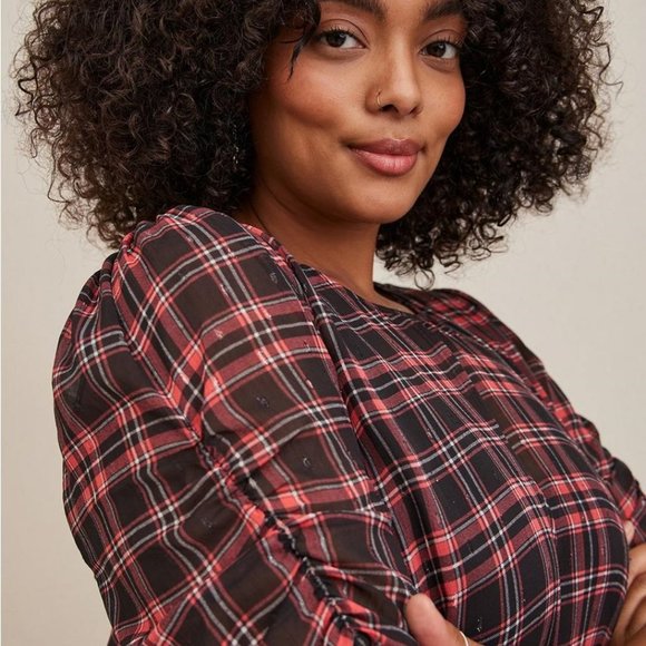 Torrid - Chiffon Lurex Ruched Sleeve Blouse in Plaid Red & Black - Picture 12 of 14
